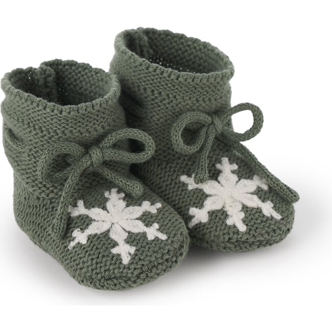 Snowflake Garter Knit Drawstring Booties, Green