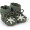 Snowflake Garter Knit Drawstring Booties, Green - Booties - 1 - thumbnail