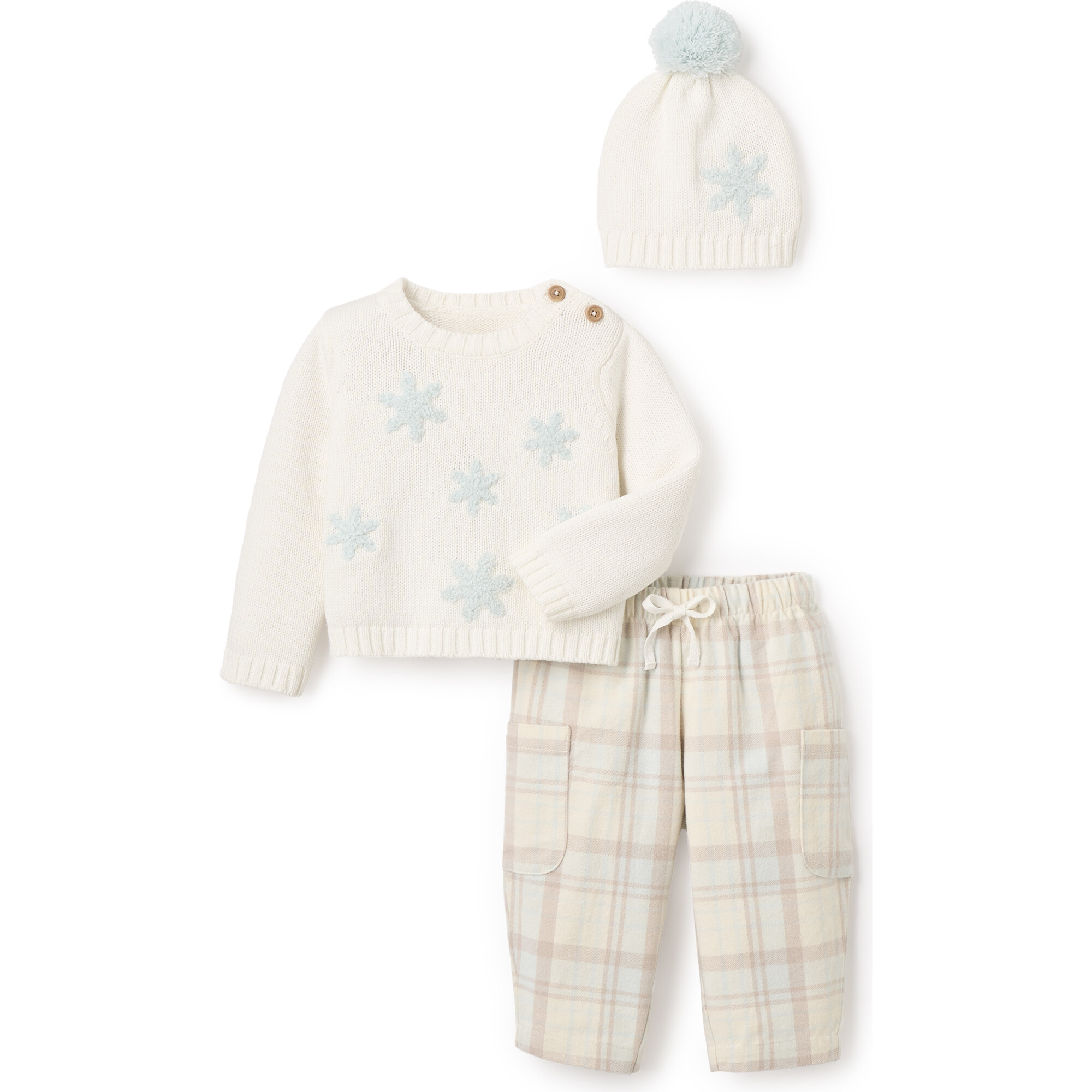 Snowflake Sweater & Plaid Pants With Pom Hat, Multicolors - Suits & Separates - 1