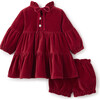 Velveteen Ruffle Collar Juliet Sleeve Dress & Bloomers, Festive Red - Dresses - 3