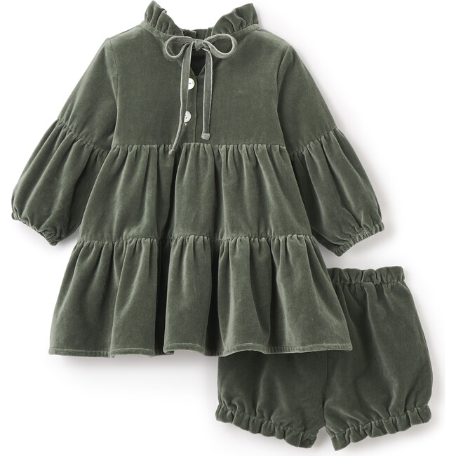 Velveteen Ruffle Collar Juliet Sleeve Dress & Bloomers, Dusty Green - Dresses - 3