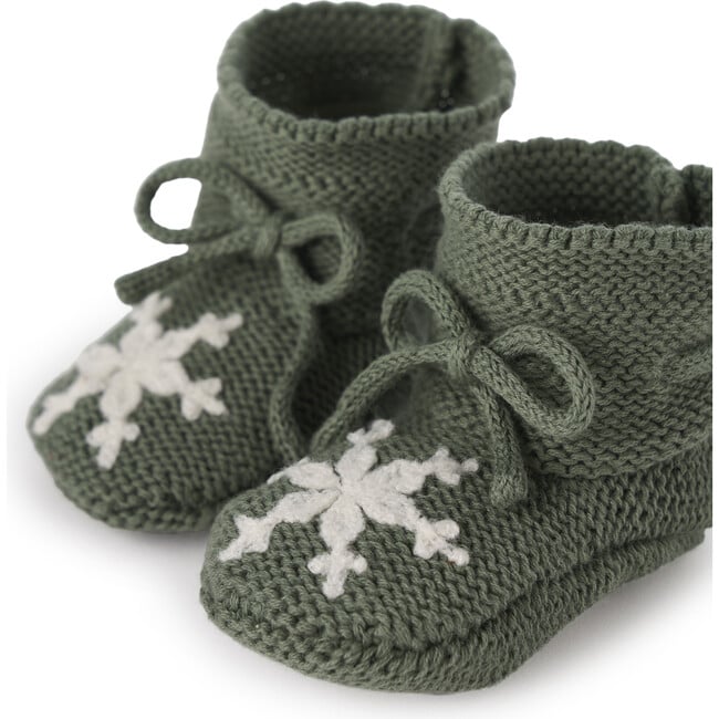 Snowflake Garter Knit Drawstring Booties, Green - Booties - 2