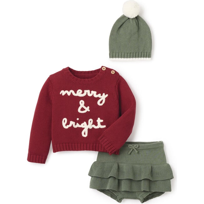 Merry & Bright Sweater & Knit Skirt With Pom Hat, Multicolors