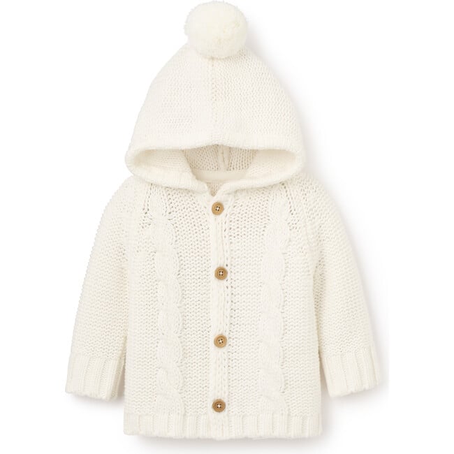 Chunky Hooded Pom Pom Cardigan, White