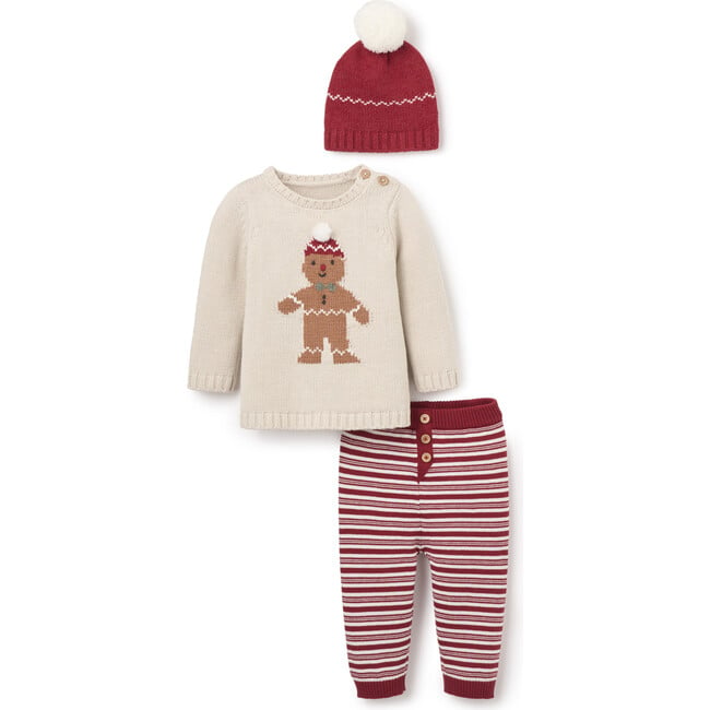 Gingerbread Pullover & Striped Pants With Hat Set, Red