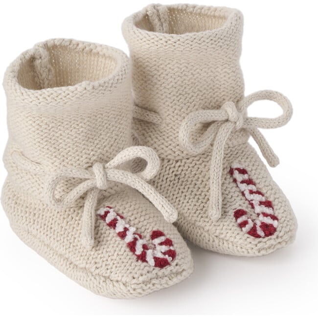 Candycane Garter Knit Drawstring Booties, Cream