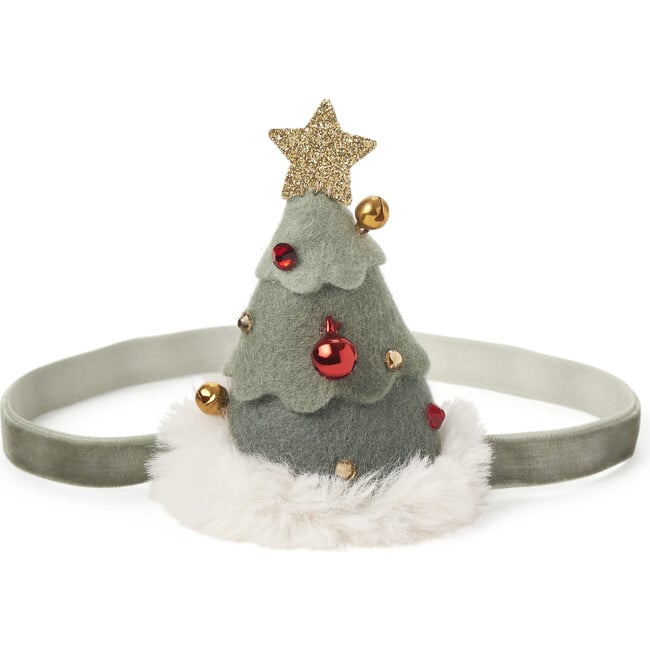 Christmas Tree & Bell Velvet Headband, Green