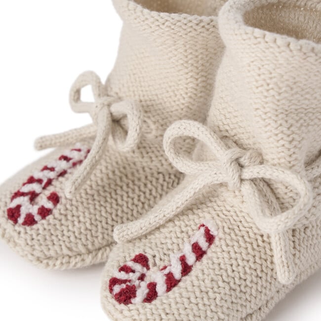 Candycane Garter Knit Drawstring Booties, Cream - Booties - 2