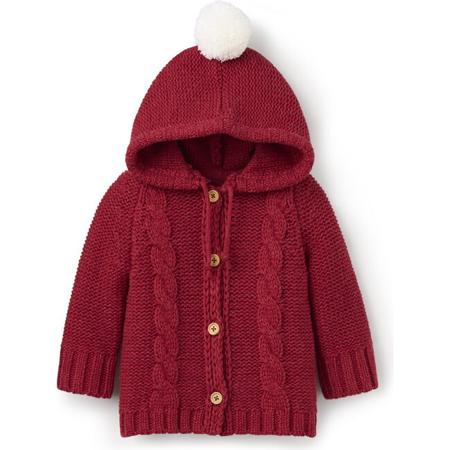 Cable Knit Pom Pom Hooded Cardigan, Red