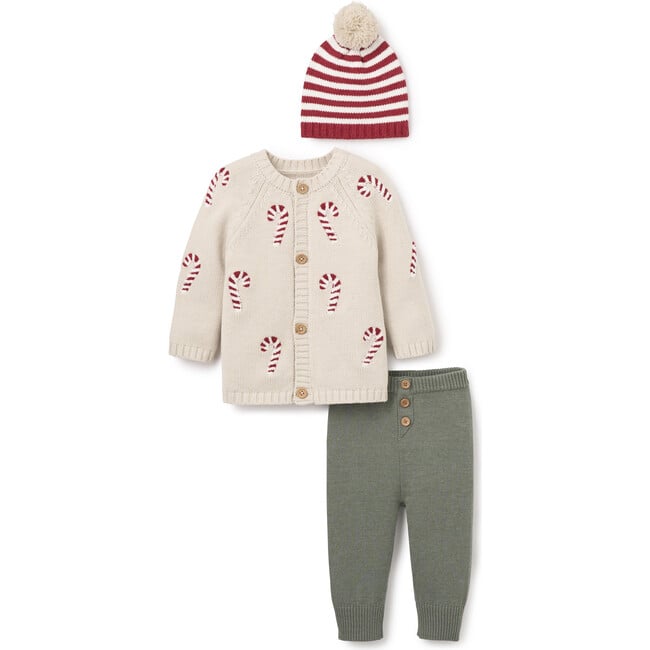 Candycane Cardigan & Knit Pants With Striped Hat Set, Multicolors