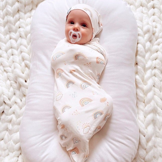 Rainbows Bamboo Swaddle & Beanie Set, White - Swaddles - 4