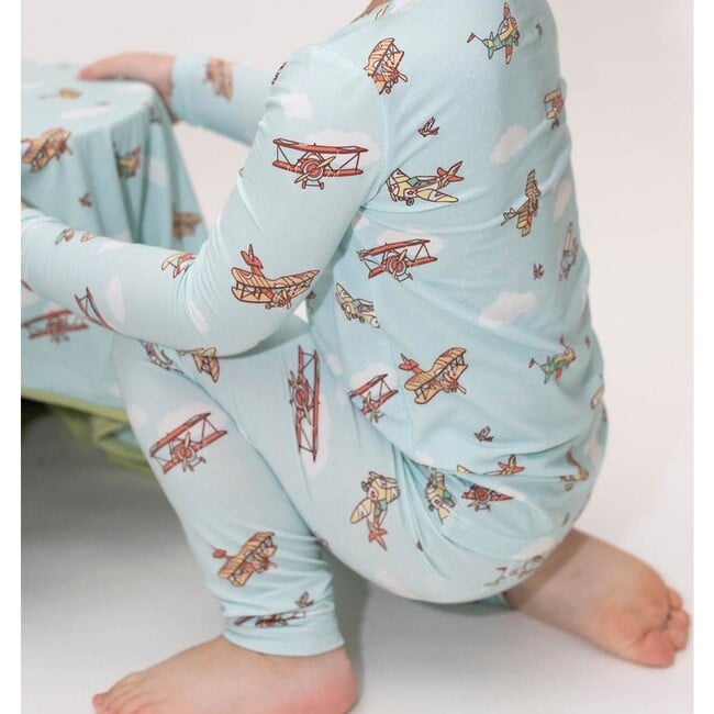 Vintage Airplanes Bamboo Kids Pajamas, Blue - Pajamas - 3