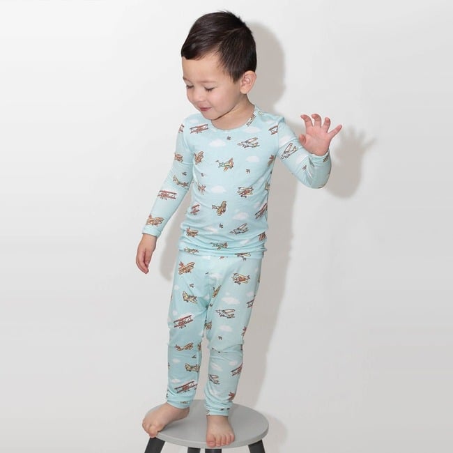 Vintage Airplanes Bamboo Kids Pajamas, Blue - Pajamas - 4