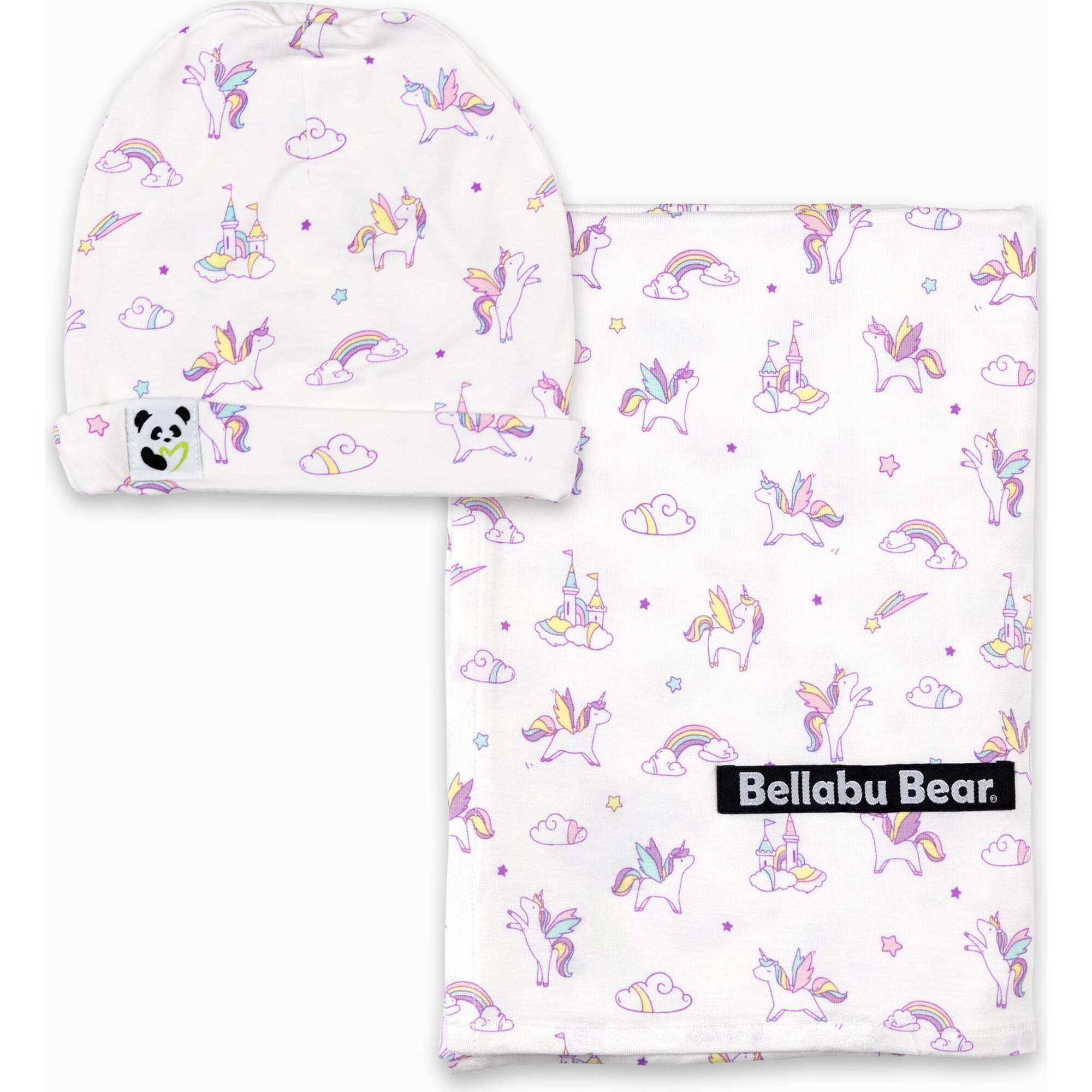 Unicorn Bamboo Swaddle & Beanie Set, White - Swaddles - 1
