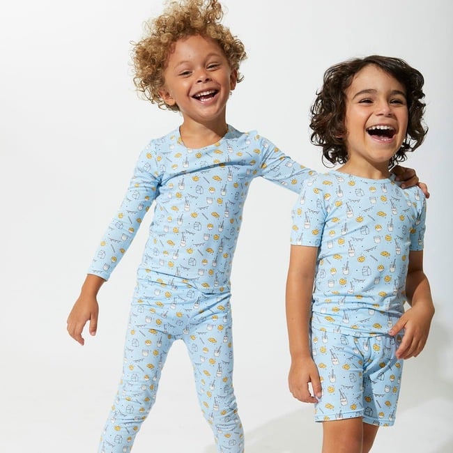 Milk & Cookies Blue Bamboo Kids Pajama Short Set, Blue - Pajamas - 3