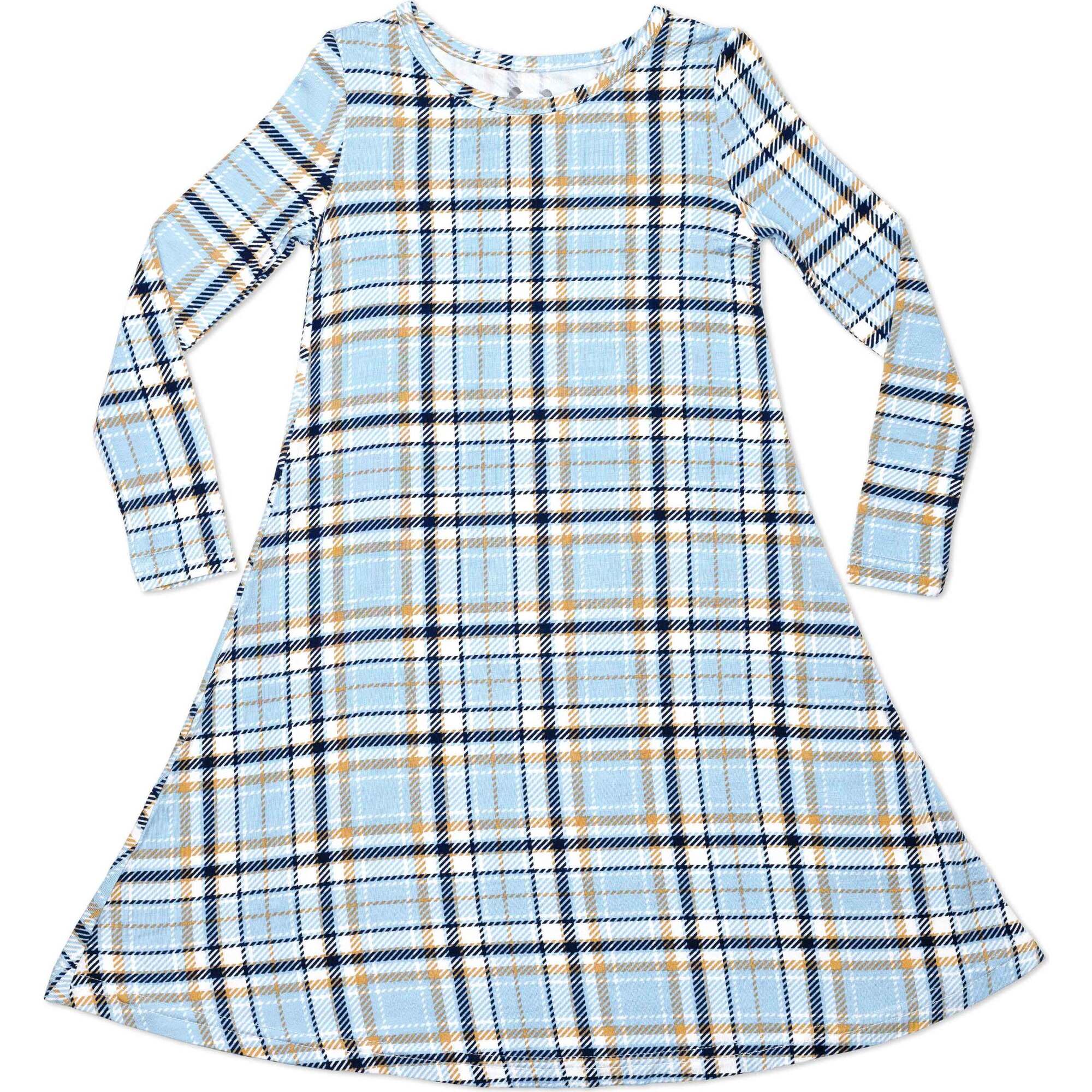 Holiday Plaid Blue Bamboo Girls' Long Sleeve Dress, Blue - Dresses - 1