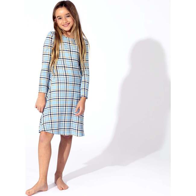 Holiday Plaid Blue Bamboo Girls' Long Sleeve Dress, Blue - Dresses - 3