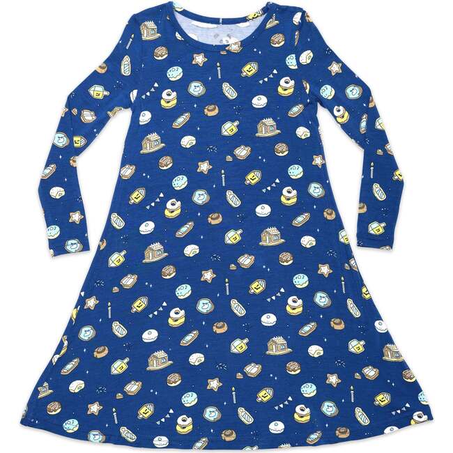 Hanukkah Cookies Bamboo Girls' Long Sleeve Dress, Blue