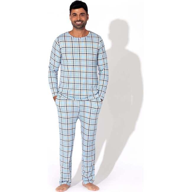 Holiday Plaid Blue Men's Pajama Set, Blue - Pajamas - 3