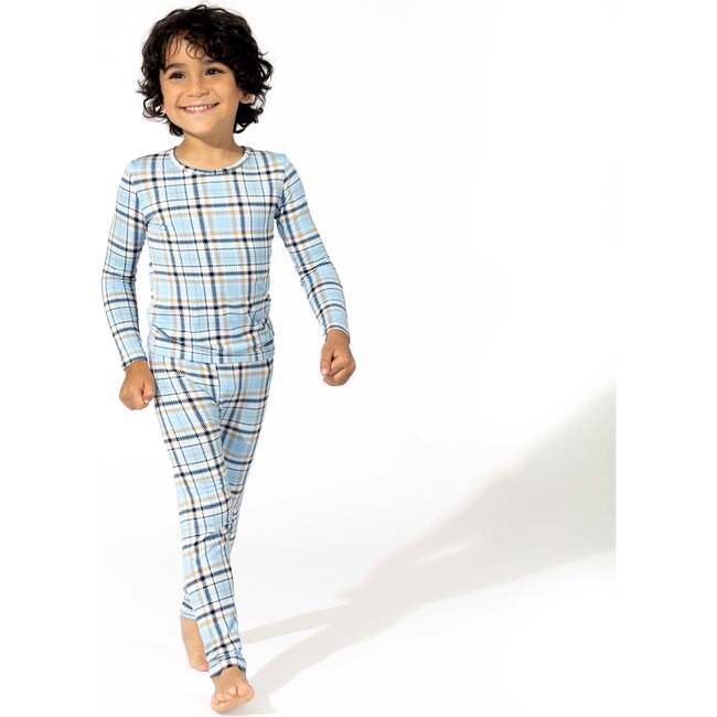 Holiday Plaid Blue Bamboo Kids Pajamas, Blue - Pajamas - 3