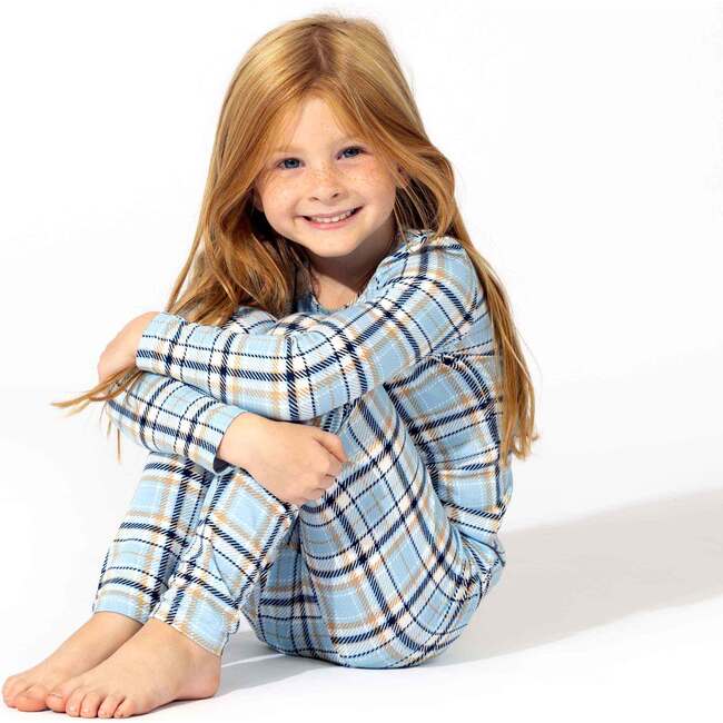 Holiday Plaid Blue Bamboo Kids Pajamas, Blue - Pajamas - 4