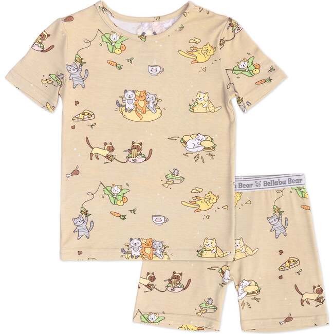 Foodie Cats Bamboo Kids Pajama Short Set, Yellow