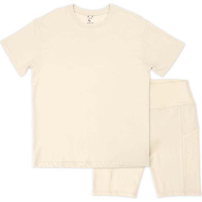 Oat Bamboo Blend Women's Oversized Tee & Biker Shorts Set, Beige