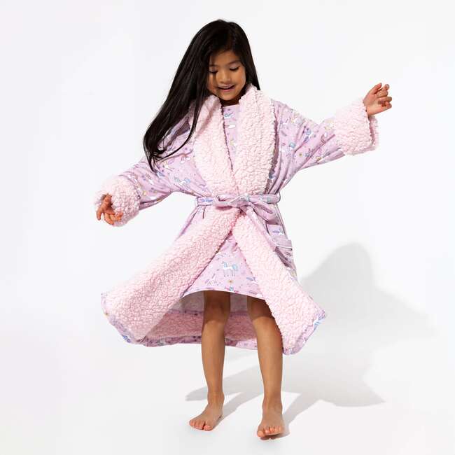Enchanted Unicorn Bamboo Kids Sherpa Robe, Purple - Robes - 2