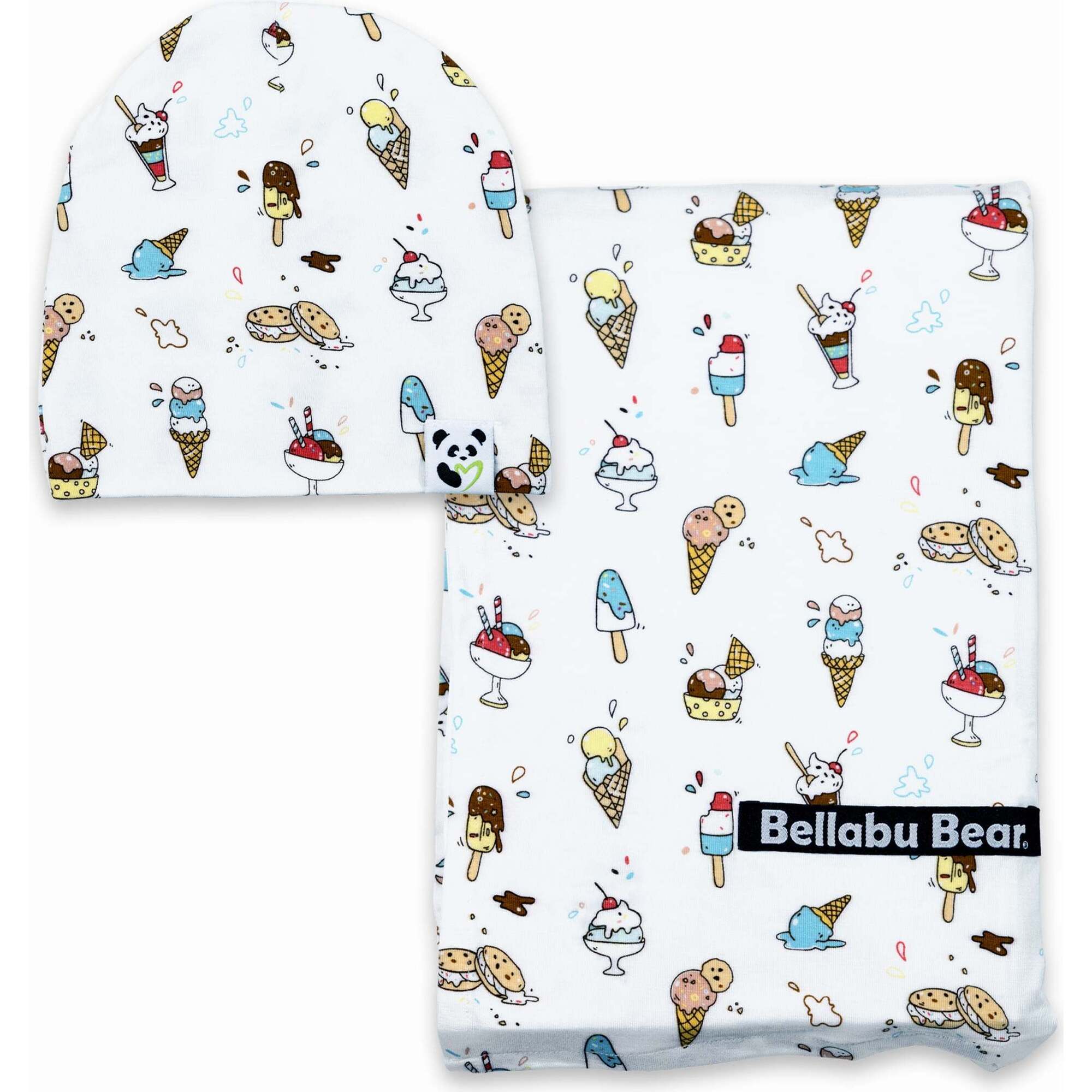 Ice Cream Bamboo Swaddle & Beanie Set, White - Swaddles - 1
