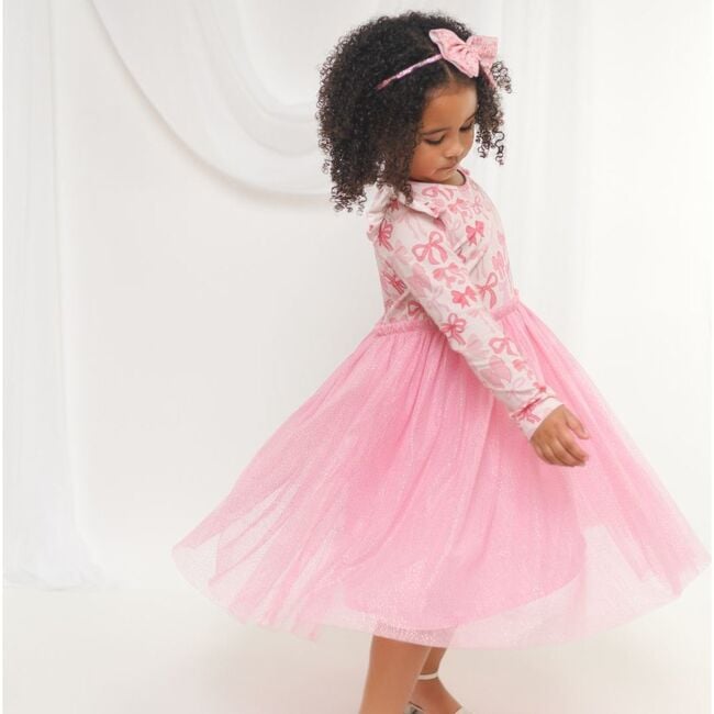 Coquette Bow Long Sleeve Tutu Dress, Pink - Dresses - 6