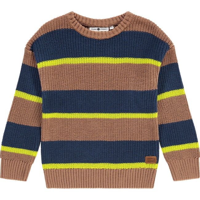 Rib Knit Striped Crew Neck Pull-Over Sweater, Multicolors