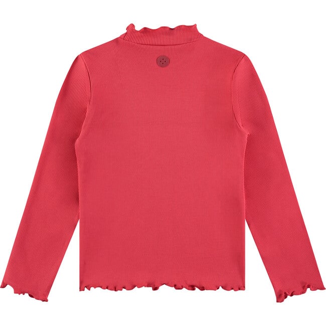 Ribbed Long Sleeve Lettuce Hem T-Shirt, Bright Red - T-Shirts - 2