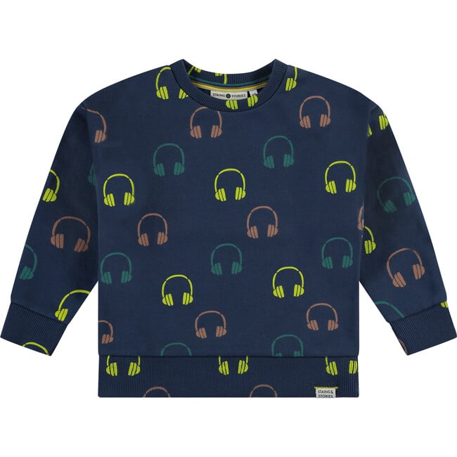 Headphone Print Crew Neck Pullover Sweatshirt, Multicolors