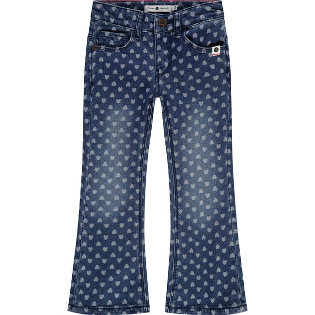 Heart Print Flared Denim Pant, Dark Washed Blue