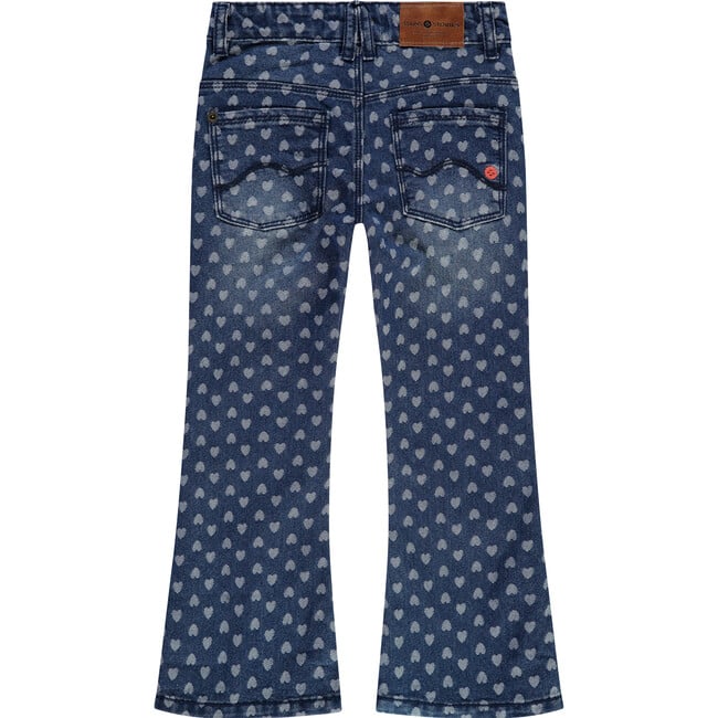 Heart Print Flared Denim Pant, Dark Washed Blue - Jeans - 2