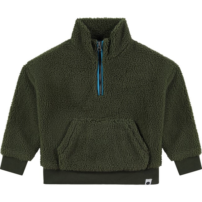 Fuzz Sherpa Quarted-Zipped Pull-Over Sweater, Forest Green & Turquoise Blue