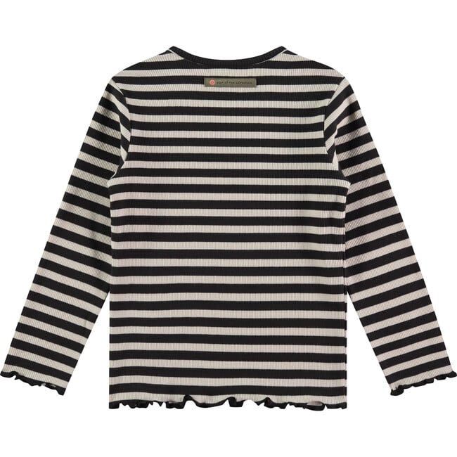 Flower Striped Long Sleeve Lettuce Hem T-Shirt, Deep Black & Cream - T-Shirts - 2