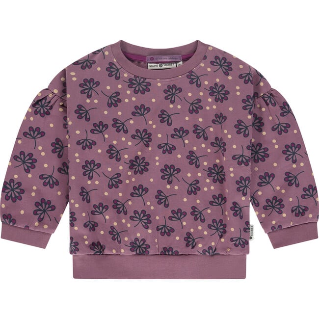 Floral Crew Neck Puff Sleeve Pullover Sweatshirt, Purple