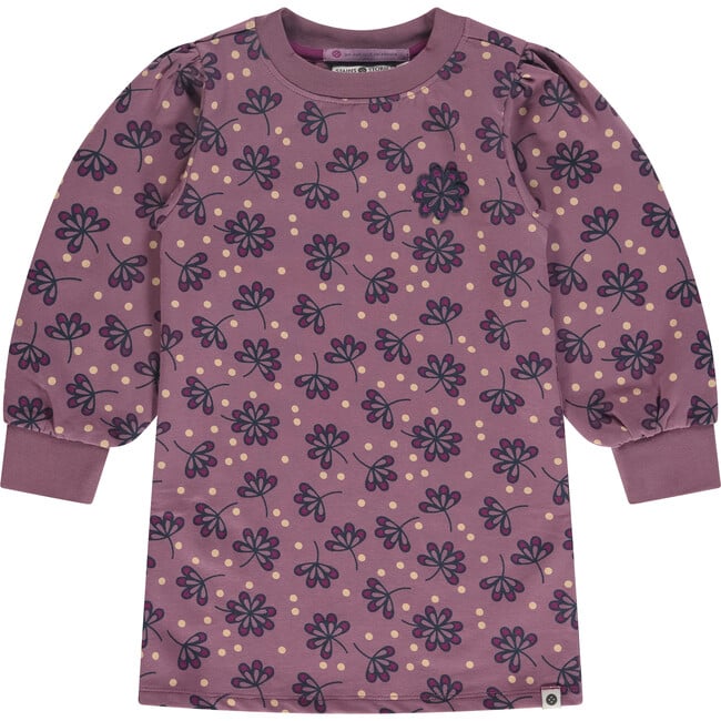 Floral Crew Neck Long Puff Sleeve Pull-Over Dress, Purple