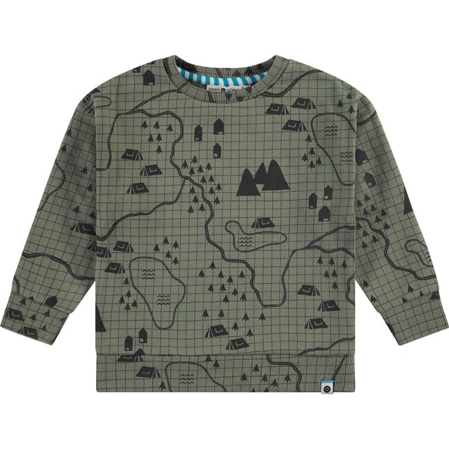 Campsite Map Print Crew Neck Pullover Sweatshirt, Green