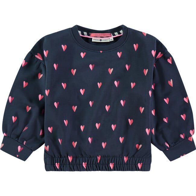 All-Over Heart Print Crew Neck Pullover Sweatshirt, Navy