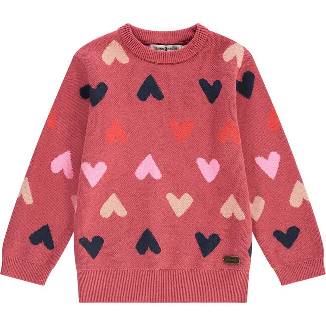 All-Over Heart KnitCrew Neck Pull-Over Sweater, Pink & Multicolors