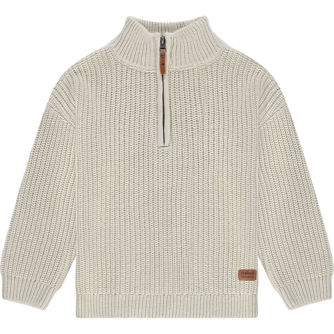 Rib Knit Mock Collar Quarted-Zipped Sweater, Cream