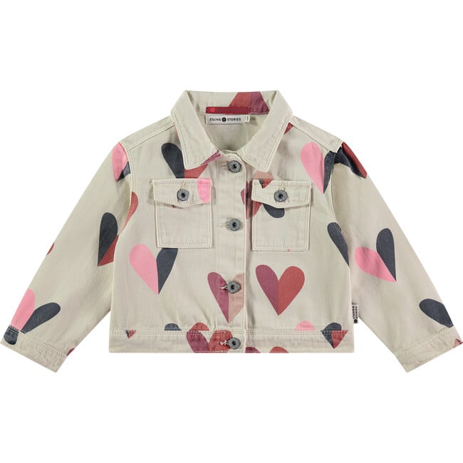 All-Over Heart Cropped Jean Jacket, Cream & Multicolors