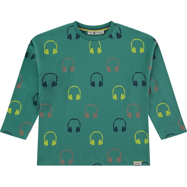 All-Over Headphone Print Long Sleeve T-Shirt, Turquoise