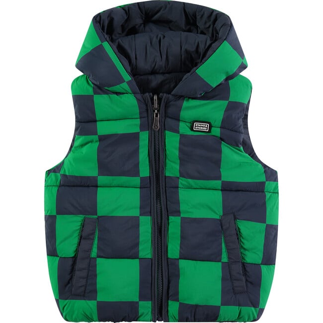 Reversible Solid & Checkered Pattern Winter Vest, Navy & Multicolors