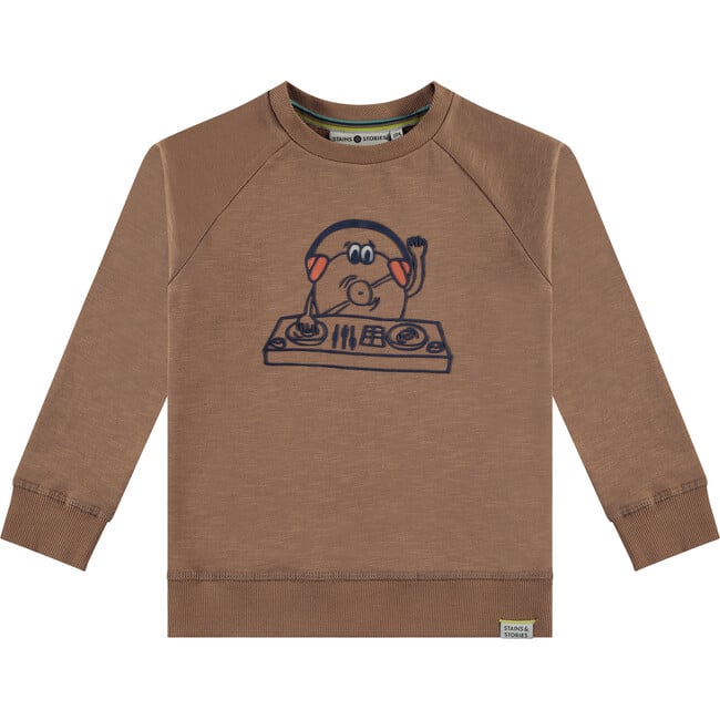 Dj Vinyl Character Crew Neck Pullover Sweatshirt, Brown