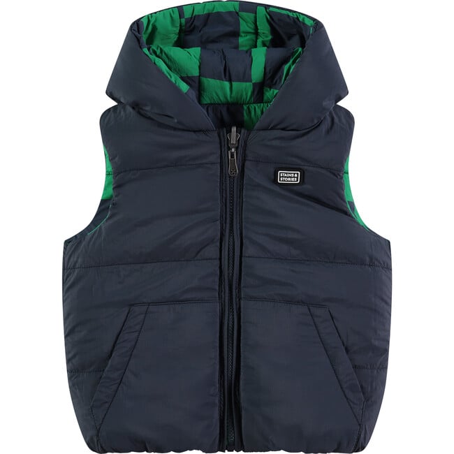 Reversible Solid & Checkered Pattern Winter Vest, Navy & Multicolors - Vests - 3