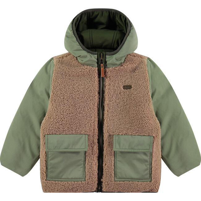 Reversible Multi-Textured Sherpa Winter Jacket, Green - Jackets - 3