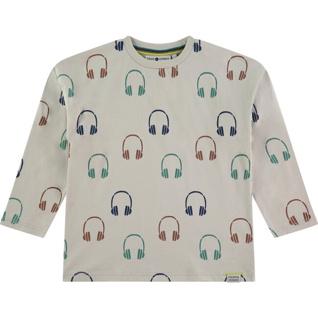 All-Over Headphone Print Long Sleeve T-Shirt, Cream